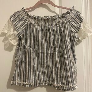 Striped Off-Shoulder Top with Lace Sleeves